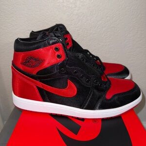 Jordan 1 Red and Black Satin Bred Sneakers